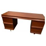 Vintage Wooden Desk with Six Drawers and Casters Vintage Wooden Desk with Six Drawers and Casters