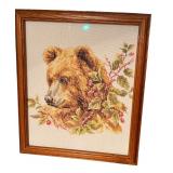 Collection of 4 Framed Cross Stitch Artworks Bear, Sunflower, Fishing and Welcome Sign Collection of 4 Framed Cross Stitch Artworks Bear, Sunflower, Fishing and Welcome Sign