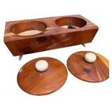 Mid-Century Decor Collection Including Cat Figurines, Wooden Canister, and Wall Box Mid-Century Decor Collection Including Cat Figurines, Wooden Canister, and Wall Box
