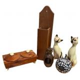 Mid-Century Decor Collection Including Cat Figurines, Wooden Canister, and Wall Box Mid-Century Decor Collection Including Cat Figurines, Wooden Canister, and Wall Box