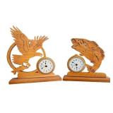 Set of 2 Handcrafted Wooden Clocks with Eagle and Fish Designs Set of 2 Handcrafted Wooden Clocks with Eagle and Fish Designs