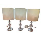 Set of 3 Crystal and Chrome Table Lamps with White Shades Set of 3 Crystal and Chrome Table Lamps with White Shades
