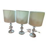 Set of 3 Crystal and Chrome Table Lamps with White Shades Set of 3 Crystal and Chrome Table Lamps with White Shades