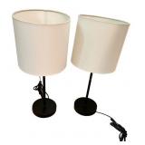 Pair of Modern Black Table Lamps with White Drum Shades Pair of Modern Black Table Lamps with White Drum Shades