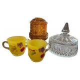 Vintage Glassware Set with Hand Painted Cups, Crystal Dish, and Amber Jar Vintage Glassware Set with Hand Painted Cups, Crystal Dish, and Amber Jar