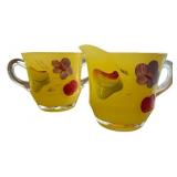 Vintage Glassware Set with Hand Painted Cups, Crystal Dish, and Amber Jar Vintage Glassware Set with Hand Painted Cups, Crystal Dish, and Amber Jar