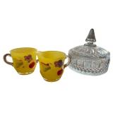 Vintage Glassware Set with Hand Painted Cups, Crystal Dish, and Amber Jar Vintage Glassware Set with Hand Painted Cups, Crystal Dish, and Amber Jar