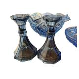 Blue Pressed Glass Collection with Bowl, Covered Dish, and Candlestick Holders Blue Pressed Glass Collection with Bowl, Covered Dish, and Candlestick Holders