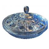 Blue Pressed Glass Collection with Bowl, Covered Dish, and Candlestick Holders Blue Pressed Glass Collection with Bowl, Covered Dish, and Candlestick Holders