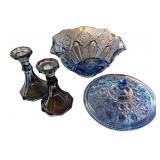 Blue Pressed Glass Collection with Bowl, Covered Dish, and Candlestick Holders Blue Pressed Glass Collection with Bowl, Covered Dish, and Candlestick Holders