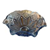 Blue Pressed Glass Collection with Bowl, Covered Dish, and Candlestick Holders Blue Pressed Glass Collection with Bowl, Covered Dish, and Candlestick Holders