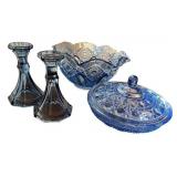 Blue Pressed Glass Collection with Bowl, Covered Dish, and Candlestick Holders Blue Pressed Glass Collection with Bowl, Covered Dish, and Candlestick Holders