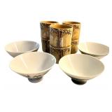 Set of 4 Japanese Rice Bowls and 5 Ceramic Teacups with Bamboo Motif Set of 4 Japanese Rice Bowls and 5 Ceramic Teacups with Bamboo Motif