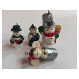 2 Hallmark Thimble Ornaments and 2 Snowman Figurines