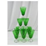 Set of 9 Green Glass Goblets with Clear Decorative Stems, 7 Inch Set of 9 Green Glass Goblets with Clear Decorative Stems, 7 Inch