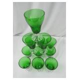 Set of 9 Green Glass Goblets with Clear Decorative Stems, 7 Inch Set of 9 Green Glass Goblets with Clear Decorative Stems, 7 Inch