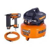 RIDGID 6 Gal. 150 PSI Portable Electric Oil-Free Jobsite Pancake Air Compressor with 25 ft. Air Hose and 18GA Brad Nailer     Customer Returns See Pictures RIDGID 6 Gal. 150 PSI Portable Electric Oil-Free Jobsite Pancake Air Compressor with 25 ft. Air Hose and 18GA Brad Nailer     Customer Returns See Pictures