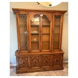 Large Oak China Cabinet Hutch with Glass Doors and Drawers, 78x64x17 in