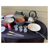 Kitchen Cookware and Bakeware Lot with Plates, Mixing Bowls, and Kettle