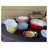 Kitchen Cookware and Bakeware Lot with Plates, Mixing Bowls, and Kettle