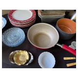 Kitchen Cookware and Bakeware Lot with Plates, Mixing Bowls, and Kettle