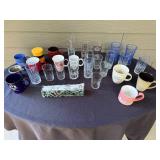 Collection of Mixed Glassware and Mugs with Silverplated Salad Tongs
