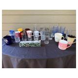 Collection of Mixed Glassware and Mugs with Silverplated Salad Tongs