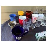 Collection of Mixed Glassware and Mugs with Silverplated Salad Tongs