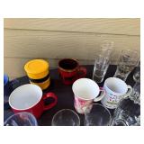 Collection of Mixed Glassware and Mugs with Silverplated Salad Tongs