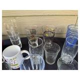 Collection of Mixed Glassware and Mugs with Silverplated Salad Tongs