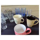 Collection of Mixed Glassware and Mugs with Silverplated Salad Tongs
