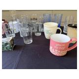 Collection of Mixed Glassware and Mugs with Silverplated Salad Tongs