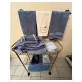 Bathroom Towel Set with Decorative Accessories and Embroidered Hand Towels on Portable Cart