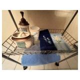 Bathroom Towel Set with Decorative Accessories and Embroidered Hand Towels on Portable Cart