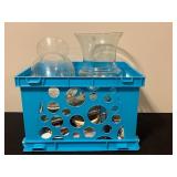 Collection of Decorative Home Accents Including Vases, Yankee Candle, Lead Crystal, and More in Blue Crate
