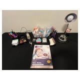 Office and Craft Supply Lot with Desk Lamp, Stationery, Pens, and Glue in Clear Tote