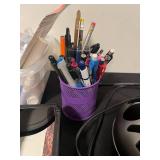 Office and Craft Supply Lot with Desk Lamp, Stationery, Pens, and Glue in Clear Tote