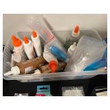 Office and Craft Supply Lot with Desk Lamp, Stationery, Pens, and Glue in Clear Tote