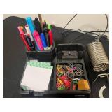 Office and Craft Supply Lot with Desk Lamp, Stationery, Pens, and Glue in Clear Tote