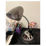 Office and Craft Supply Lot with Desk Lamp, Stationery, Pens, and Glue in Clear Tote