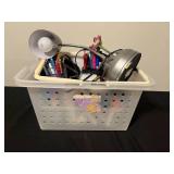 Office and Craft Supply Lot with Desk Lamp, Stationery, Pens, and Glue in Clear Tote