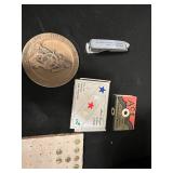 Large Lot of Collectible Stickers, Medal, Paper Cutter, Unused Sealed Drill, Trump Bill and Miscellaneous Office Items