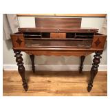 Antique Wooden Writing Desk with Inlay and Turned Legs