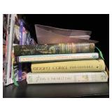 Collection of Religious Books, Quilting Books, Patterns, and Woven Basket