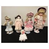 Set of Vintage Porcelain Dolls with Victorian Outfits & Some Stands