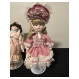 Set of Vintage Porcelain Dolls with Victorian Outfits & Some Stands