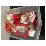 Holiday Gift Wrapping Supplies Lot with Ribbons, Bows, and Trims in Storage Tote