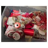 Holiday Gift Wrapping Supplies Lot with Ribbons, Bows, and Trims in Storage Tote