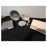 Unused Eccolo Wedding Album & Vintage Decor Set with Decorative Plates, Heart Plaques, Doily, Small Scroll Pot, and Keepsake Box