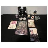 Mixed Lot of Family-Themed Books, Decorative Glassware, and Wall Clock